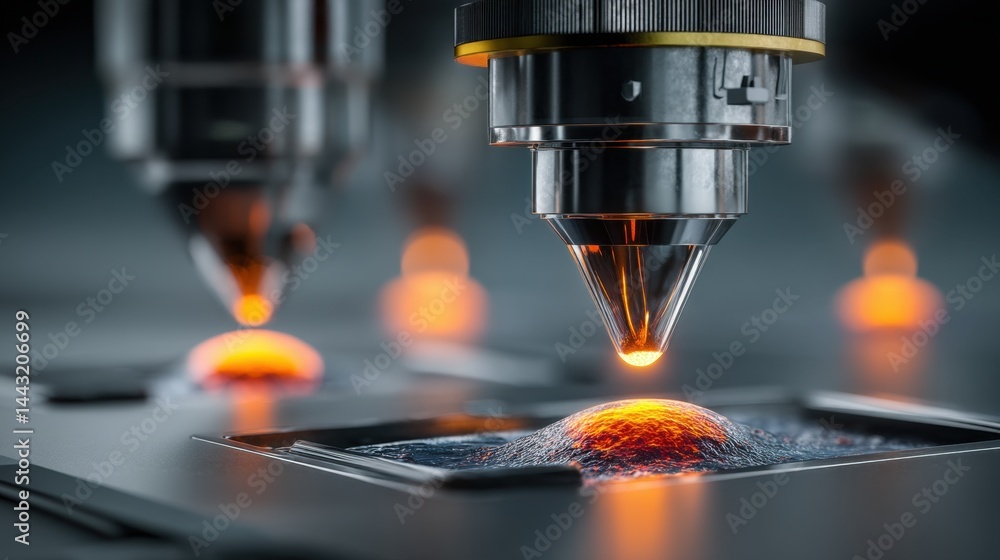 Poster close up of metallic scientific instruments with glowing orange tips precisely interacting with a sm