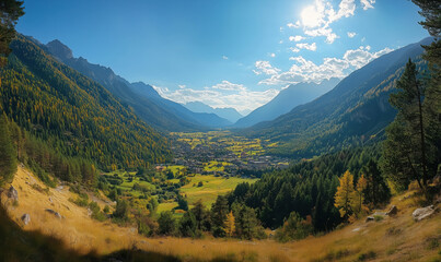 Obraz premium Stunning panoramic view of alpine valley with vibrant greenery and mountains.