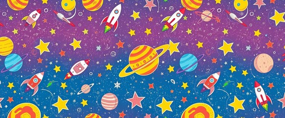Naklejka premium Whimsical hand-drawn space pattern featuring rockets, planets, and stars on a seamless background, vector, design