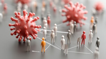 3D rendering of virus and small figures representing people connected by lines, illustrating disease transmission.