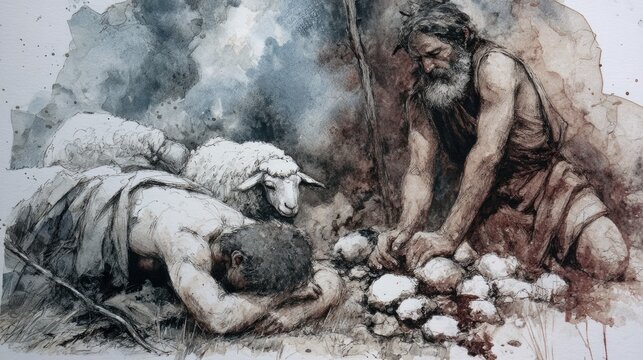 Watercolor illustration of Abraham about to sacrifice Isaac.

