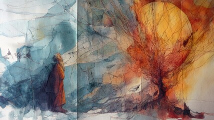 Moses stands in awe before the Burning Bush, watercolor style.

