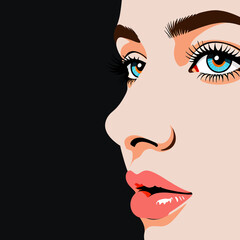 Fototapeta premium Elegant_Woman_Portrait_Digital_Art_Beautiful_Blue_Eyes_Long_Lashes_Stylish_Makeup_Fashion_Illustration_Modern_Art_Print_Wall_Decor_Feminine_Artwork