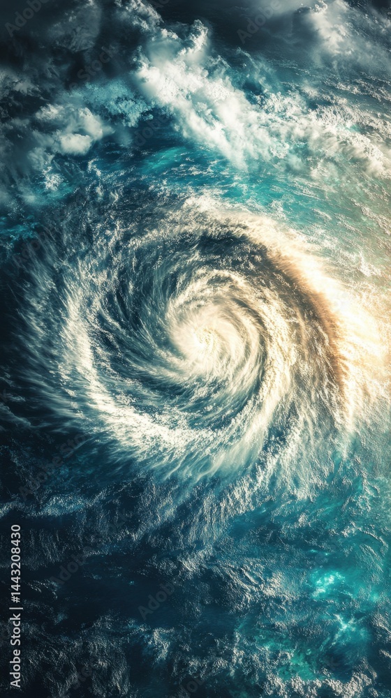 Poster aerial view of a powerful hurricane swirling over the vast ocean with dramatic clouds and sunlight c
