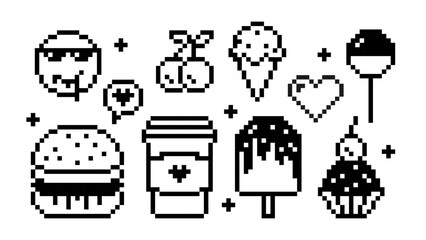 Pixel Art Fast and Street Food Stickers Collection. Mega Set of Delicious Meals. Simple geometry. 8 bit Retro Style Fast Food Pixels. Burger, Ice-cream, Pastry, Cone, Cakes. Drooling Face Emoji.