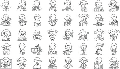 Kindergarten line icon set. Vector pictograms of preschool children activity, drawing, painting, reading, science experiment, cooking, crafting, board games