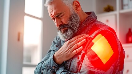 Older man suffering shoulder pain Expressive face shows his discomfort