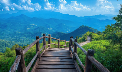 Fototapeta premium Scenic mountain view with wooden pathway and lush greenery under blue sky.
