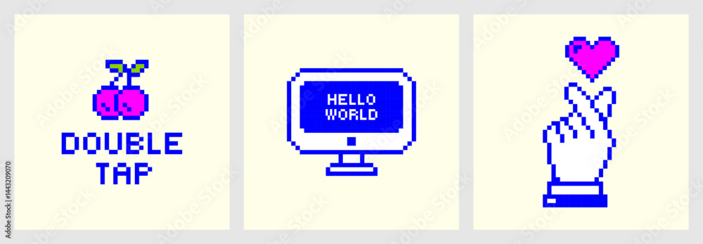 Fototapete y2k pixel stickers for social media. trendy fun blue prints. modern naive cyber good vibe. simple ge