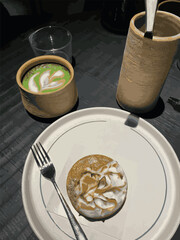 Cup of matcha coffee and dessert
