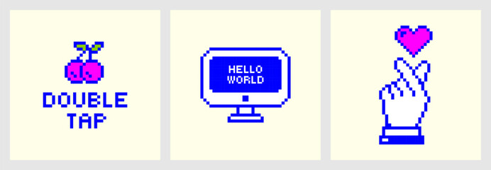 Y2k Pixel stickers for social media. Trendy Fun Blue Prints. Modern Naive Cyber Good vibe. Simple Geometry Futuristic style. Text and Heart gesture. Hello world computer. Double tap with cherries. 