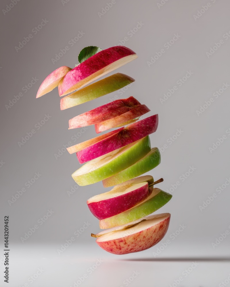 Poster creative studio shot of sliced apple floating in air with vibrant colors and dynamic composition aga