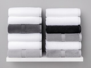 Neatly stacked neutraltoned towels on a clean shelf, spalike decluttered aesthetic
