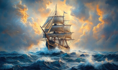 Fototapeta premium Majestic sailing ship navigating turbulent ocean waves under dramatic sky.