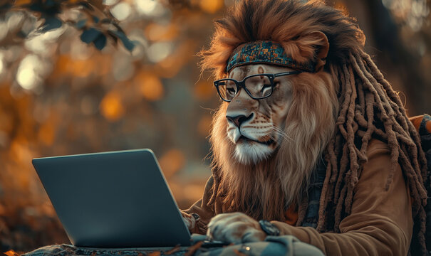 Lion with glasses and dreadlocks using laptop in autumn forest setting.