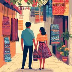 old-fashioned poster promoting guatemalan textiles, earthy tones, stylized indigenous patterns