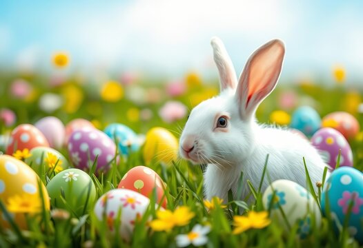 White rabbit amidst colorful Easter eggs in a spring meadow, blue sky backdrop Paper art style, card, Easter - Powered by Adobe