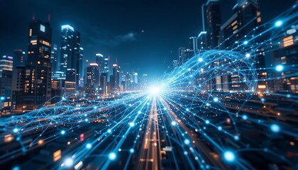 Fototapeta premium Data Network Flowing Through Cityscape at Night with Illuminated Buildings