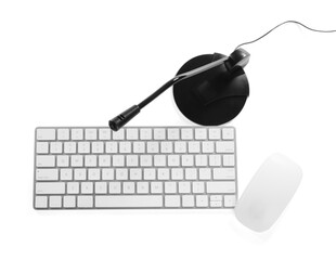 Professional microphone, keyboard and mouse on white background, top view