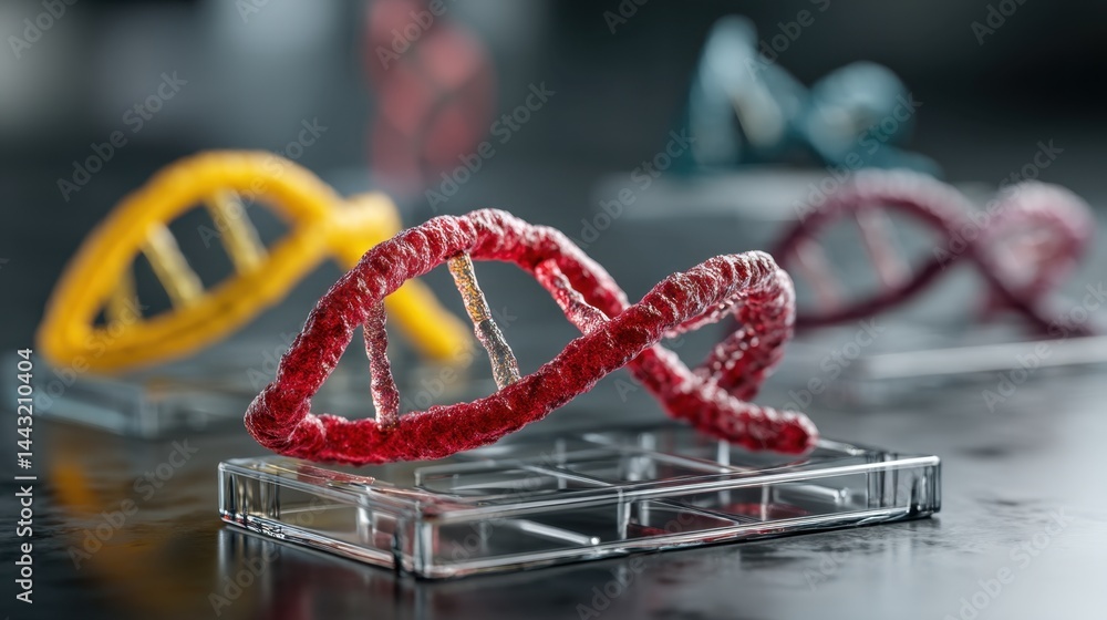 Poster close up of three dimensional dna models in red, yellow, and teal on a clear surface. shallow depth 