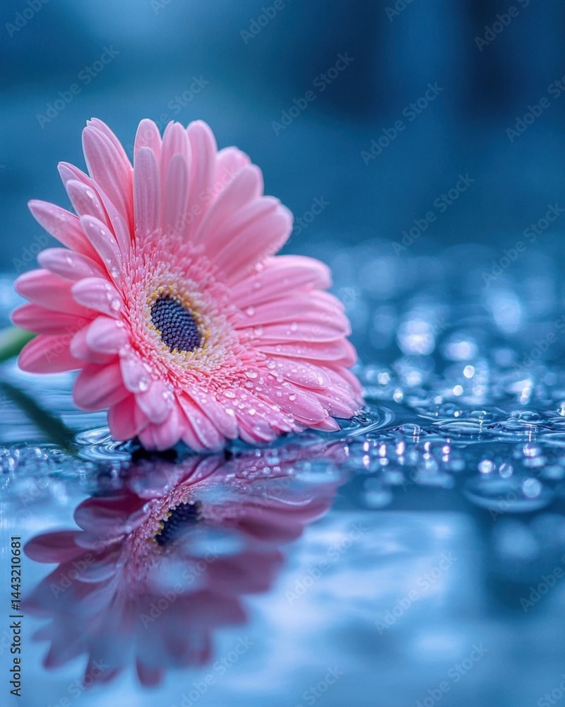 Poster captivating pink gerbera daisy floating on water surface with droplet details and soft reflection ag