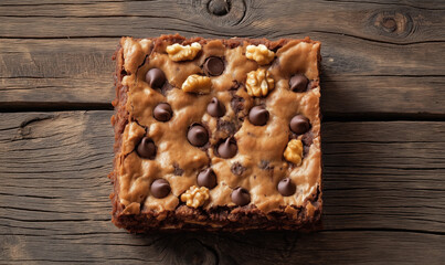 Fototapeta premium Delicious chocolate walnut brownie on rustic wooden table.