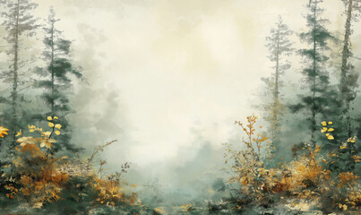 Misty forest landscape with autumn foliage and soft light ambiance.