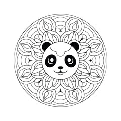 Panda head mandala illustration in black and white outline style design