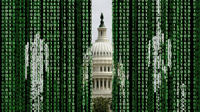 US Capitol building viewed through a digital green code matrix, symbolizing cybersecurity and government technology.