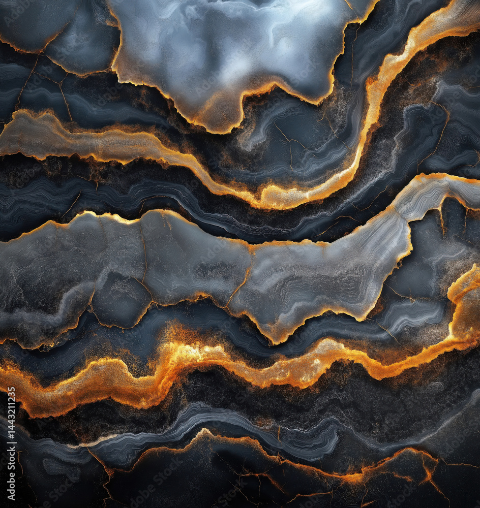Poster abstract agate stone texture with golden veins and dark gray patterns.