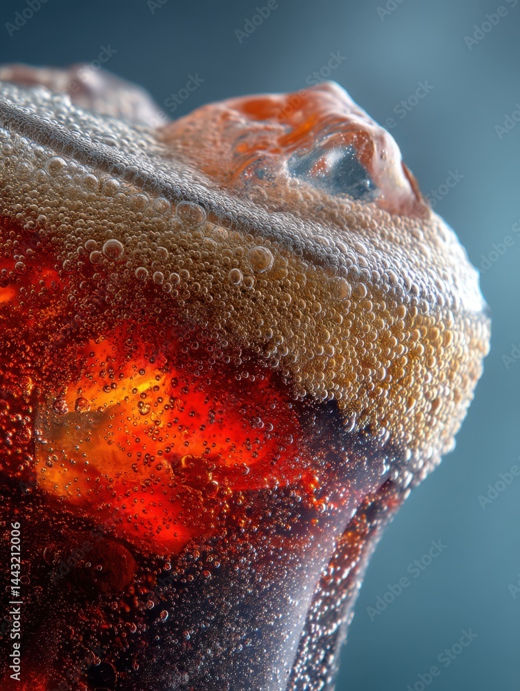 Poster refreshing cola beverage with ice cubes and bubbles in a glass against a dark blue background close 