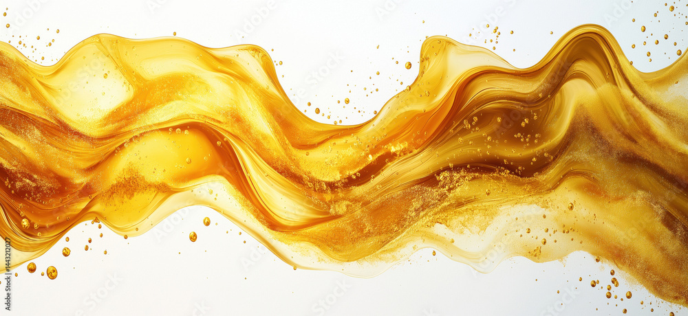 Poster golden liquid wave with splashes and smooth flowing texture for design.