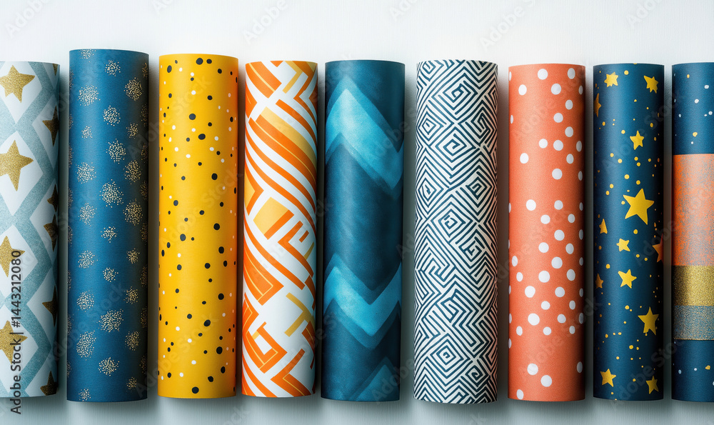Poster colorful rolls of decorative wrapping paper with various patterns and designs.