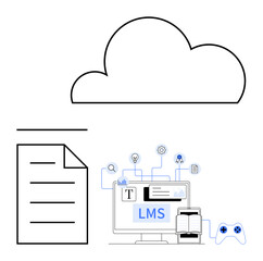Cloud, document, and LMS interface with icons representing collaboration, file sharing, learning, and creativity. Ideal for education, innovation, teamwork e-learning technology management flat