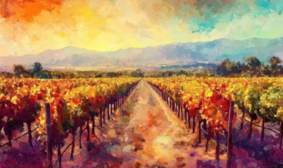 Fotobehang Vibrant vineyard landscape at sunset with colorful grapevines and mountains. © Vergiliy