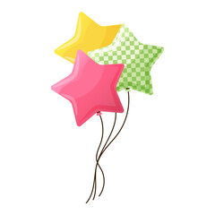 Flying glossy star-shaped helium balloons bunch isolated