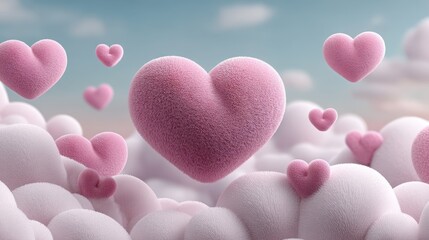 Obraz premium Fluffy Pink Hearts Floating on Soft Clouds Romantic Valentine's Day Background