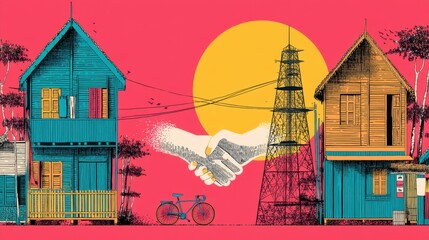 Stylized illustration of two houses, a bicycle, and a bird in flight against a vibrant pink background with a large yellow sun.