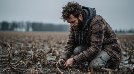 Man kneeling in a muddy field, examining the soil. Overcast day, muted colors.