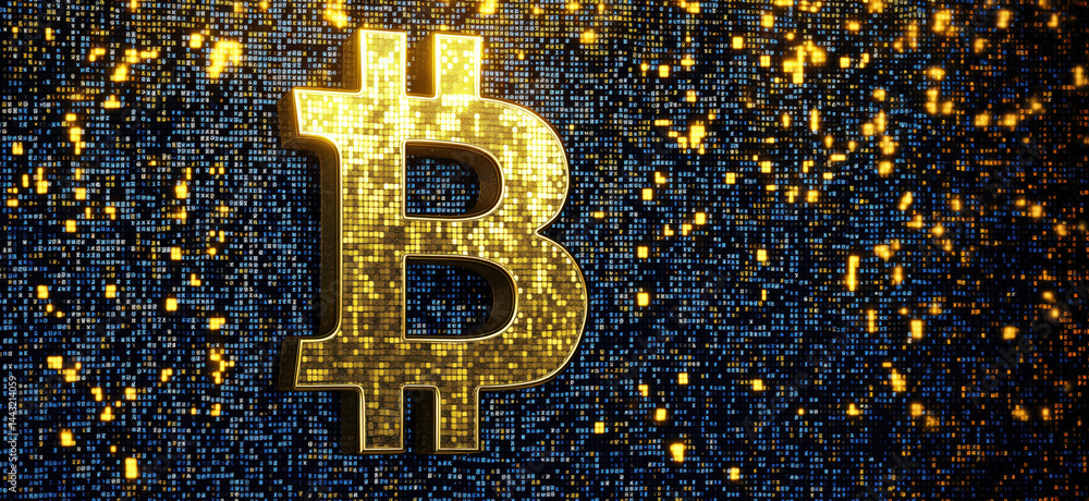 Poster bitcoin symbol in golden texture with digital background and sparkling effects.