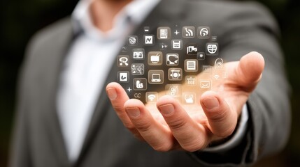 A businessman's hand gently cradles a sphere of glowing app icons, representing digital technology and innovation.