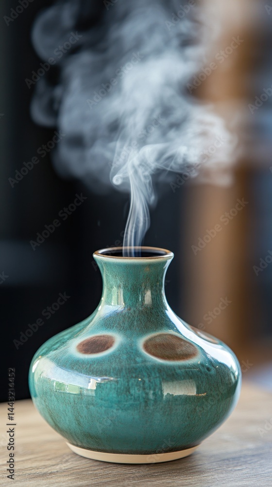Poster serene turquoise vase emitting aromatic smoke on wooden surface creating peaceful ambiance in soft l
