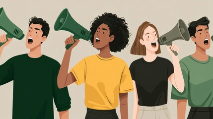 Four young adults of diverse ethnicities shout into megaphones against a neutral background. Pixel art style.