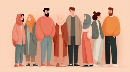 Diverse group of young adults standing together, smiling and interacting against a peach background. Pixel art style.