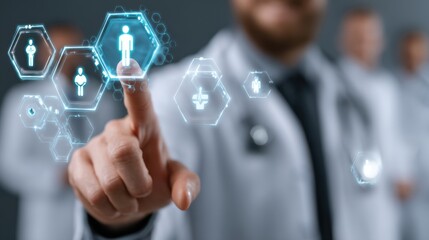 Doctor interacts with futuristic interface, healthcare technology, medical innovation, digital health, futuristic medicine.