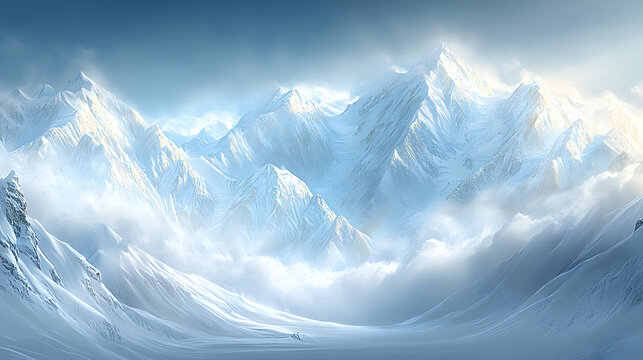 Majestic snow-capped mountain range, serene winter landscape, ethereal beauty, breathtaking panorama, perfect for desktop wallpaper or travel agency.