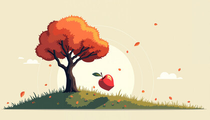 Autumn tree with ripe apple falling in a serene landscape