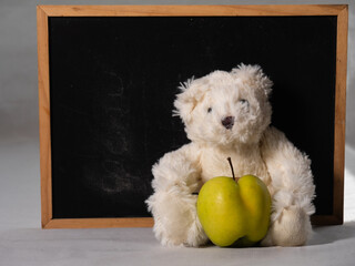 Teddy bear stuffed toy holds apple for teacher