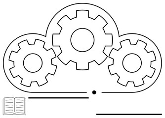 Gears inside cloud convey system integration and automation. Open book adds learning and knowledge. Ideal for technology, innovation, education, teamwork, workflow, digital transformation, flat