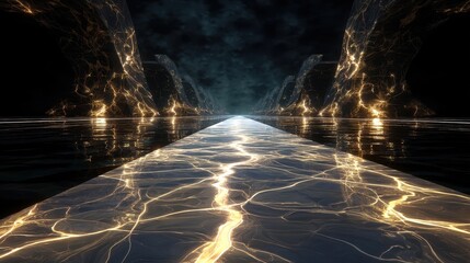 Obraz premium Glowing Energy Path Through Dark Reflective Landscape Abstract Digital Art